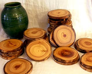 Tree Slice Link to Etsy Photo of Wyman Woodworks Tree Slice Aspen Wood Coasters