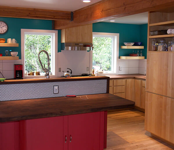 Kitchen Oiled Maple, Custom Paint, Oiled Walnut Countertops